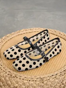 Women's Square Toe Mary Jane Shoes, Polka Dot, Summer 2026, Breathable Mesh, Low Heel, Casual Outdoor Footwear, Walking Shoes, Comfortable for Wide Feet, Casual Flats