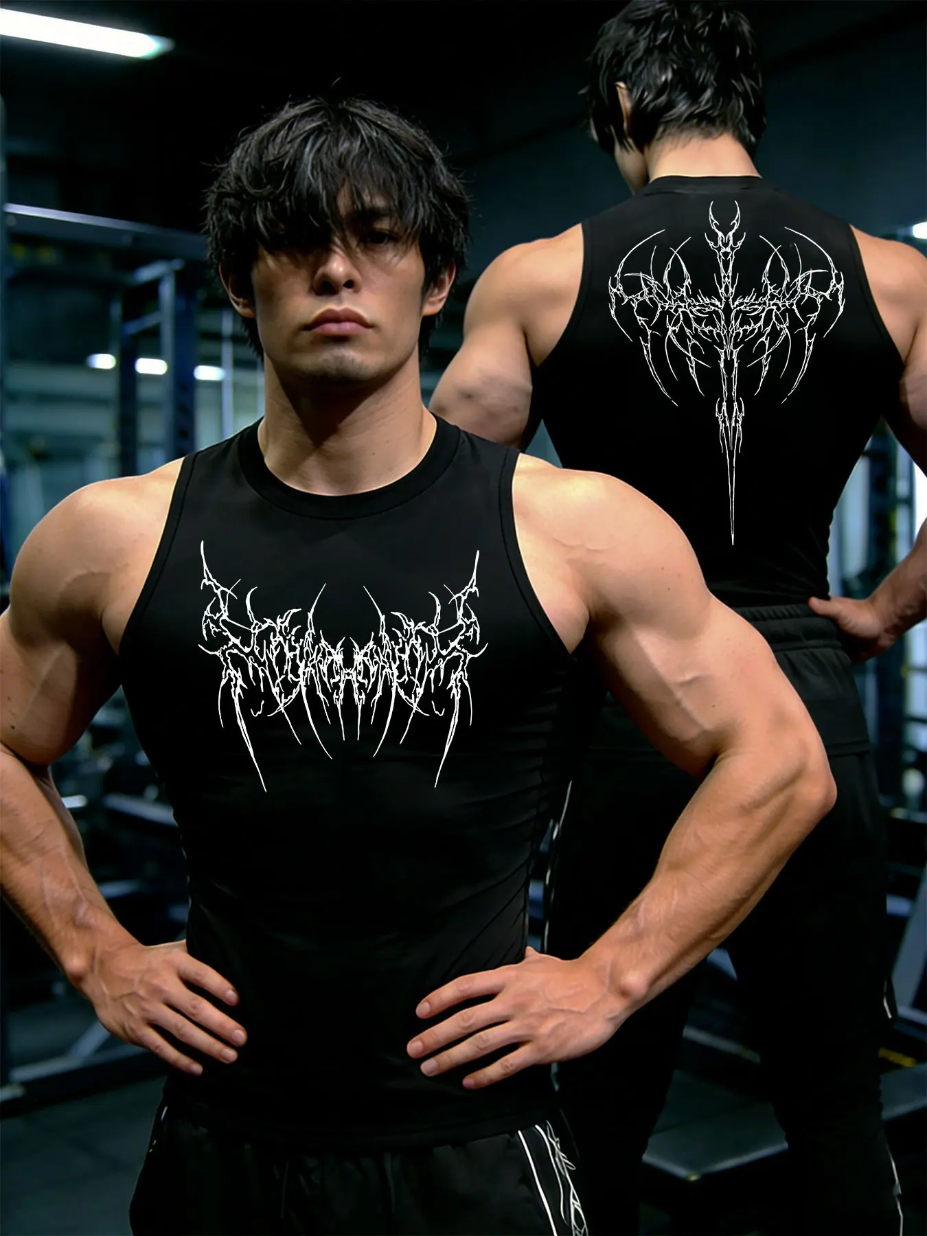 Men's Y2K Thorns Cross Print Gym Sports Vest, Fitness Vest, Activewear For Fitness, Tight Fit Quick Dry Breathable Sleeveless, Summer Running Volleyball Outdoor Sport Vests, Workout Gym Clothing, Activewear Sleeveless, Sleeveless Gym Tops, Fitness Clothes