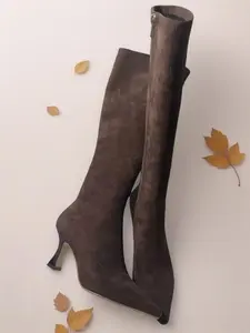 Women's Fall Winter Knee High Boots, Simple Design, Elastic Suede Material, Pointed Toe Heels, Snip Toe, Perfect for Casual Wear, Elegant Boots, Daily Wear Boots, Footwear