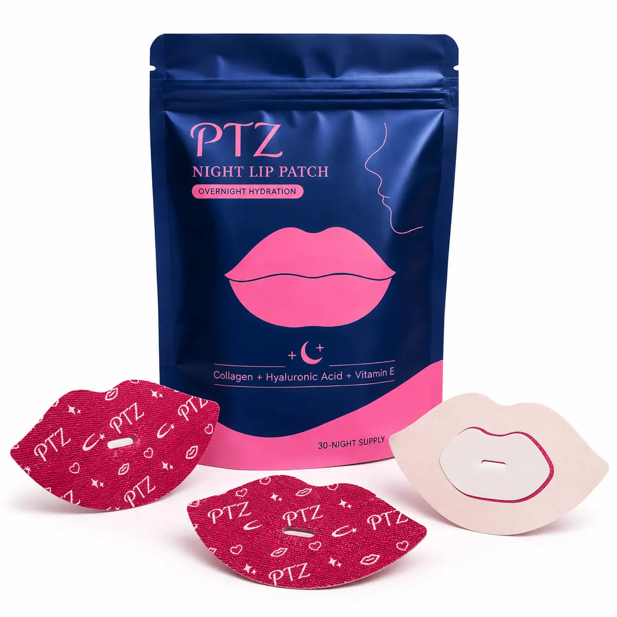 PTZ Overnight Hydrating Lip Patches with Collagen, Hyaluronic Acid & Vitamin E, Lip-Shaped SleepCare Patches, 30 Count