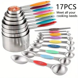 9/17-Piece Stainless Steel Measuring Cups and Spoons Set, Metric Marks, Accurate Dry & Liquid Measurement, Non-Slip Silicone Handles, Essential Baking & Kitchen Tools for Cooking Needs