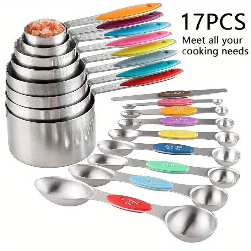 17-Piece High-End Stainless Steel Measuring Cup & Magnetic Spoon Utensils Set - Metric Marked, Accurate Dry/Liquid Measurement, Non-Slip Silicone Handle, Food-Grade Heat-Resistant, Versatile Kitchen Household Bakeware for Cooking (Black Friday Pick)