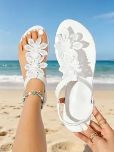 Women's Lace Flower Flat Sandals, Boho Style Open Toe Shoes, PU Upper Material, Rubber Sole, Less Than Ankle Height
