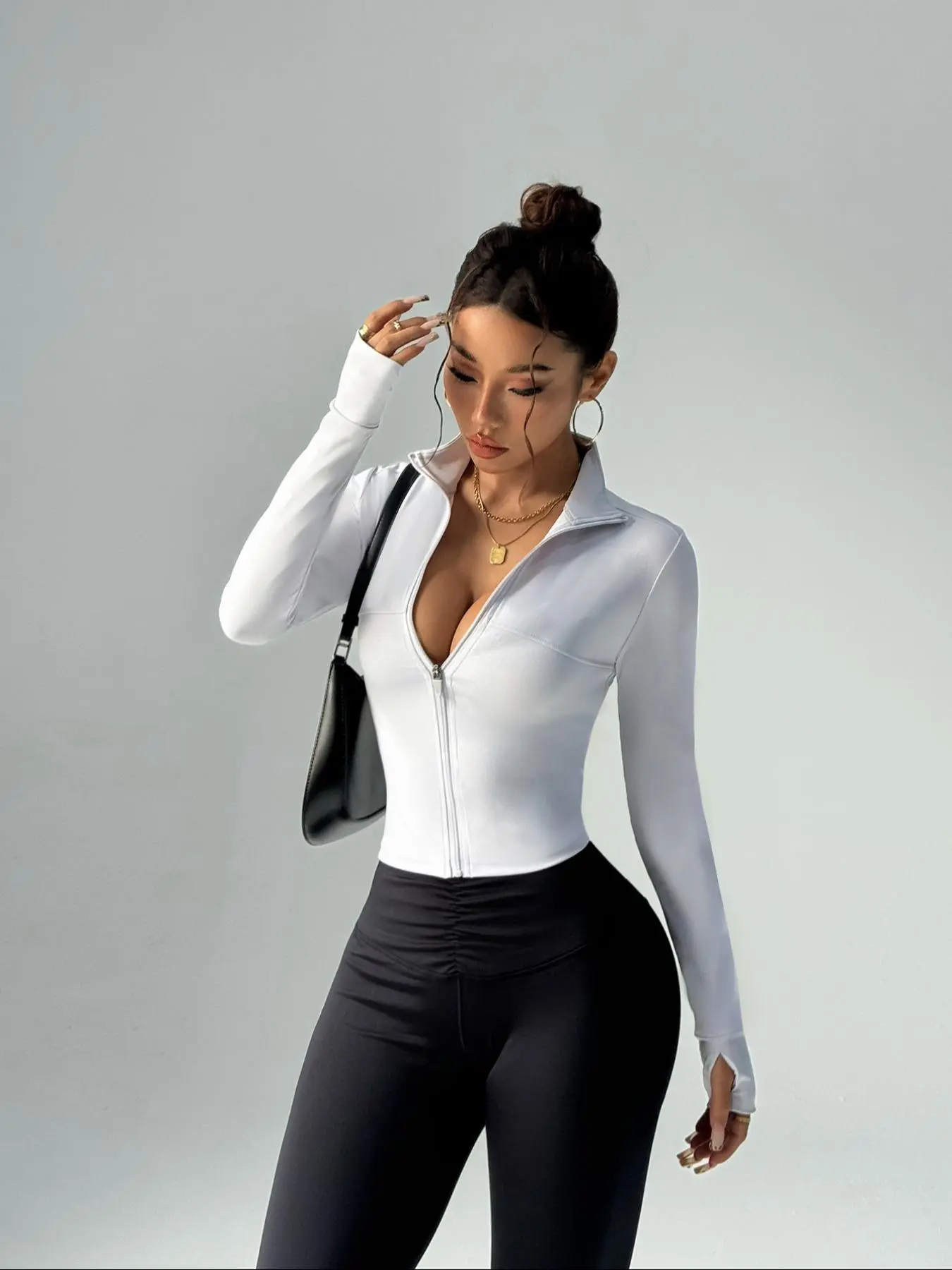 Women's Solid Basic Zip Up Thumb Hole Design Jacket, Casual Long Sleeve Zip Front Outerwear for Daily Wear, Ladies Clothes for Spring & Fall, Coats, Womenswear, Casual Fitted Outerwear