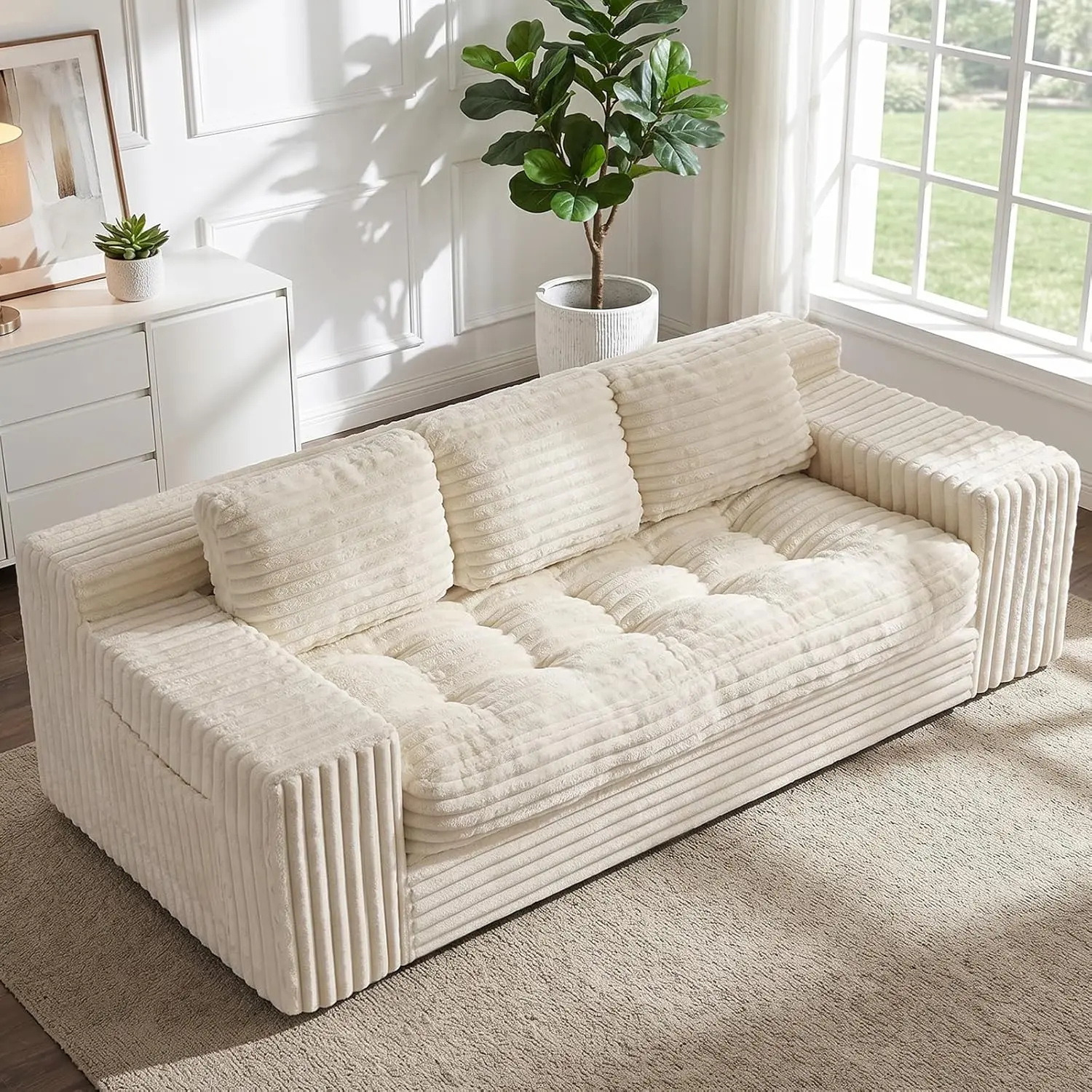 WINZOO Stripes Corduroy Boneless Cloud Couch - 2-Seater Loveseat & 3-Seater Sofas, Upholstered Indoor Furniture, Comfy Couches for Living Room, Compact Box Shipping, Vacuum-Pack, No Tools Required for Watch Party