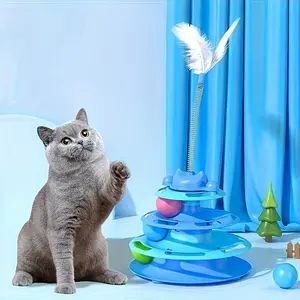 Indoor Cat Interactive Toy, Spinning Tower with Synthetic Feather & Balls, Durable Plastic, Enhances Sensory Skills, No Battery Needed