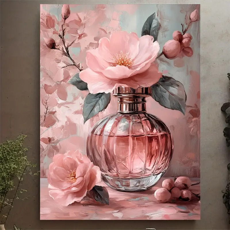 2D Flat, 1 Piece Vintage Floral Perfume Bottle Canvas Painting - Soft Peach Pink Roses, Flower - Women's Home Decoration, Suitable for Living Room, Bedroom - With Hook for Easy Hanging - Women's Housewarming Gift - Large (30x40cm) - Canvas Prints