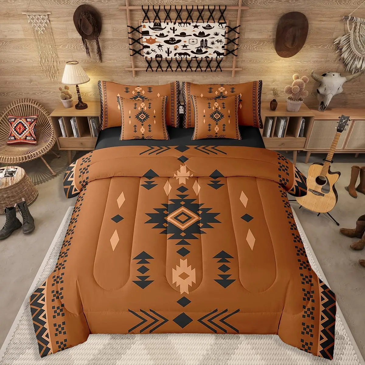 7 Pcs Western Aztec Comforter Set,Native American Navajo Bedding Set for Boys Adult Teens,Southwestern Geometric Bed in A Bag