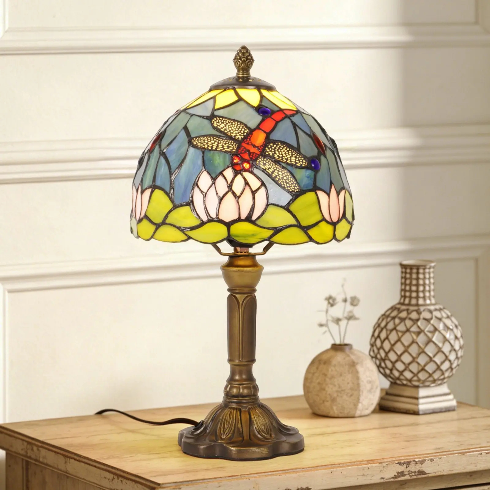 14.2 Inch Tiffany Style Dragonfly & Lotus Stained Glass Table Lamp, 7.9" Shade, Bronze Base, Warm Light for Bedroom Living Room