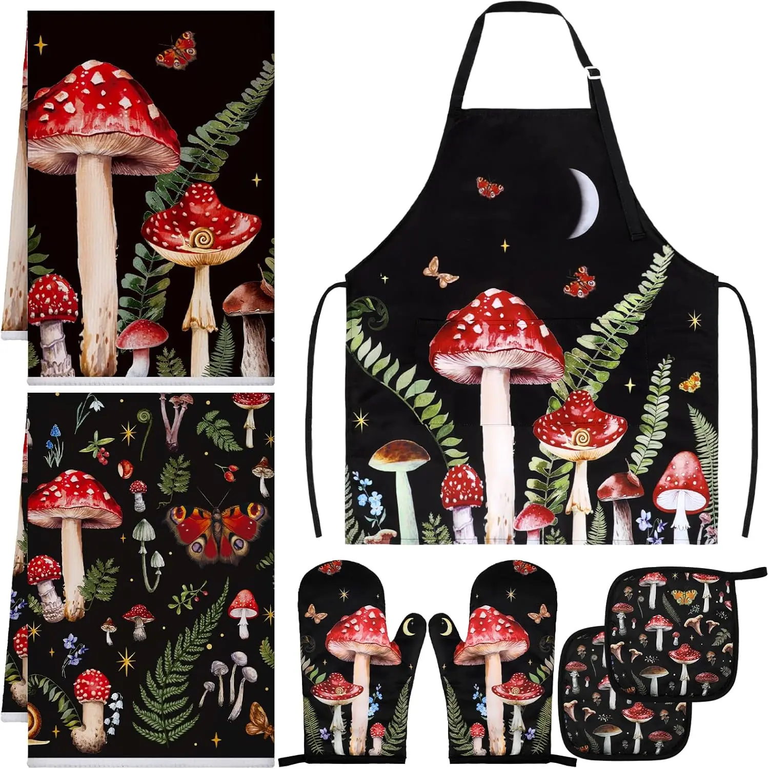 Household 7-Piece Cotton Kitchen Set - Mushroom Dish Towels, Oven Mitt, Pot Holder, Apron with Sunflower, Rooster Designs for Kitchen Decor, Birthday Party Gifts