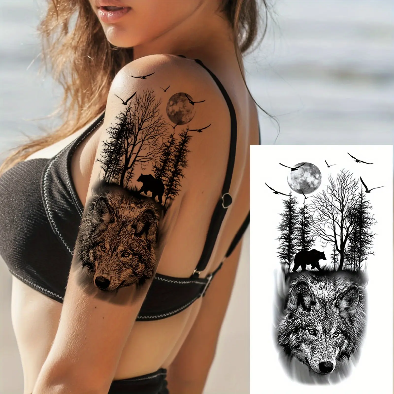 Realistic Black Wolf Temporary Tattoo Sticker-3D Animal Pattern Arm, Leg and Body Art | Long-Lasting Fake Tattoo Suitable for Men and Women