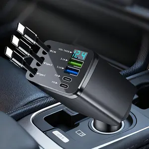 Universal Fast Retractable Car Charger with Dual USB Type-C Cables,LED Voltage Display, PD Fast Charging, Multi-Port 13.8V Output, Compact Plug & Play Design,Compatible with iPhone,Samsung,Xiaomi,Tablets, Laptops Travel & Daily Driving Type C Rechargeable
