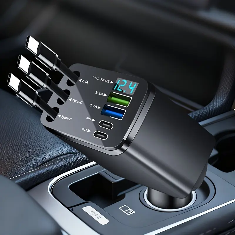 Smart Universal Retractable Car Charger Dual USB Cables LED Voltage Display PD Charging 13.8V Multi-Port Output, Compact Plug & Play Design Compatible with Phones Tablets Laptops for Travel&Daily Driving Smart Car Char Type C Rechargeable summer sohochic