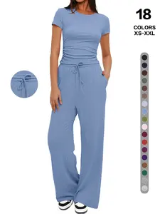 Women's Simple Solid Two-Piece Set, Slim Fit Round Neck T-Shirt + Matching Drawstring Wide Leg Pants, Casual Home Wear, Travel Friendly