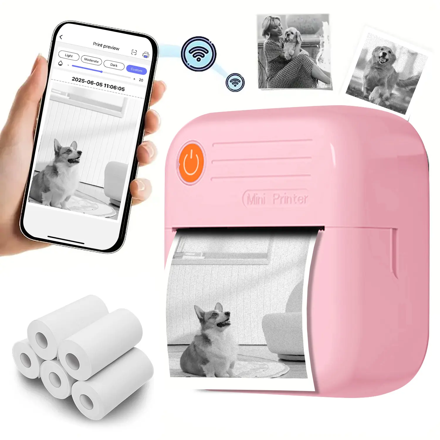 Pocket Mini Printer, Portable Printer with 5 Rolls Printing Paper for iOS Android Smartphone, Label Receipt Sticker Photo List Notes Inkless Printing Gift, Pink