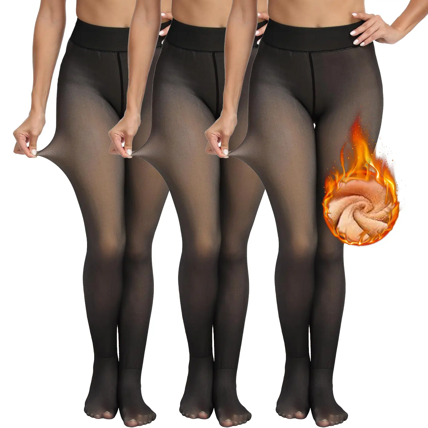 Fleece Lined Tights for Women, High Waist Fake Translucent Stockings in Soft Stretchy Polyester, Thick & Warm for Winter, Fabric, Basic, Fit, Classic Holiday