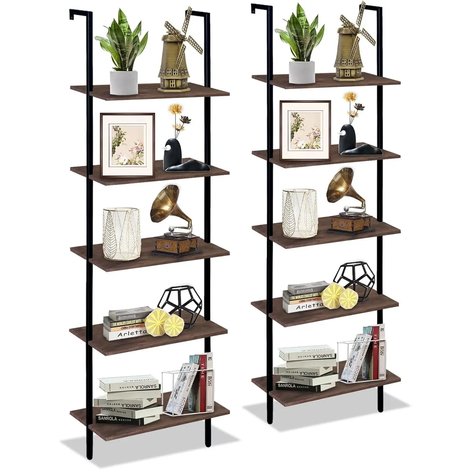 5 Tiers Ladder Shelf 2- Black Modern Tall Bookshelf Open Large Tall Wall Mount Storage Bookcase Standing Leaning Wall Shelves Industrial Decorative (Brown)
