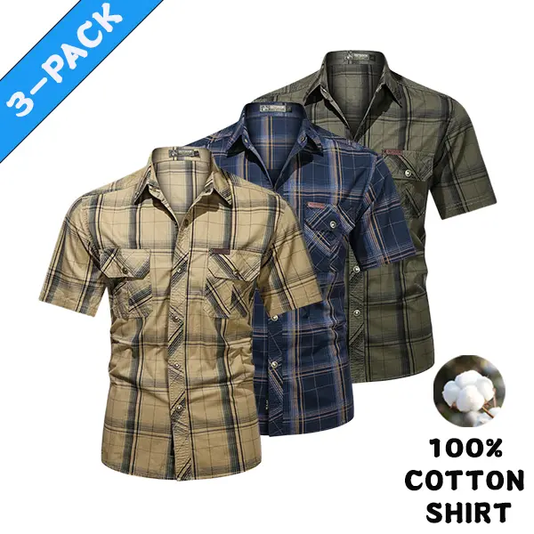 3-pack men’s summer pure cotton plaid shirts, moisture-wicking summer tops suitable for summer commuting, outdoor activities, light sports, and everyday wear