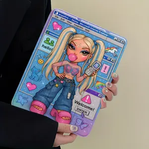 Y2K 90s Retro Internet Girl Tablet Case, 3-Tier Stand Transparent Acrylic Hard Back with Pencil Slot, Auto Wake/Sleep Shockproof, Protective Full Cover, Fits 7.9/8.3/10.2/10.5/10.9/11/12.9/13 Inch Tablets, for Y2K & Retro Aesthetic Fans