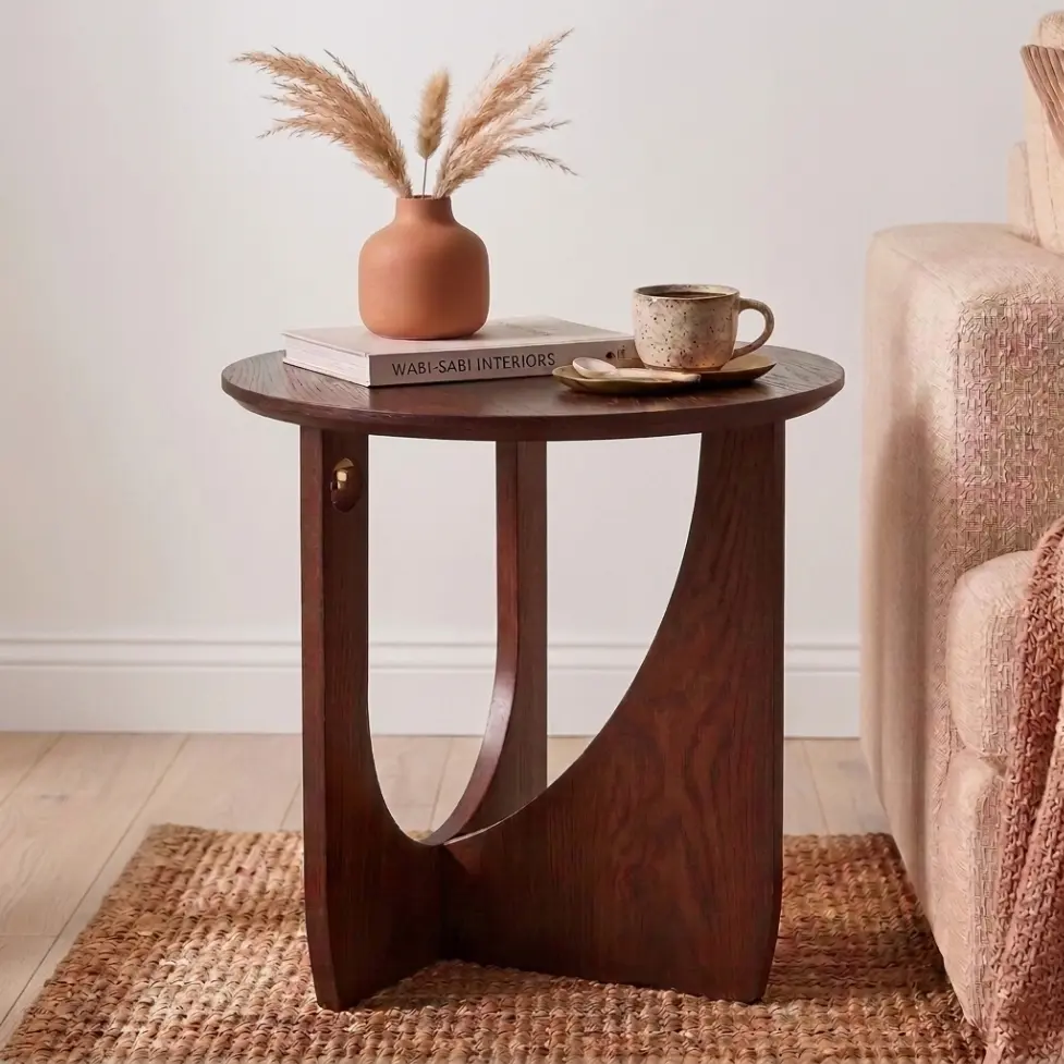 【SummerSale 】 Round Solid Wood Side Table with Sculptural U-Shaped Base, Modern Accent End Table for Living Room, Bedroom, Sofa Side & Reading Nook (Walnut)