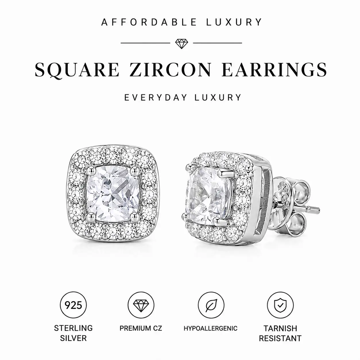 Adults' 1-Pair Spark Iced Out Square Cushion Cut Cubic Zirconia Stud Earrings - Affordable Luxury Daily Costume Fashion Accessories with CZ Stones & Zircon Designs, Cubic Zirconia Studs, Stylish Jewelry