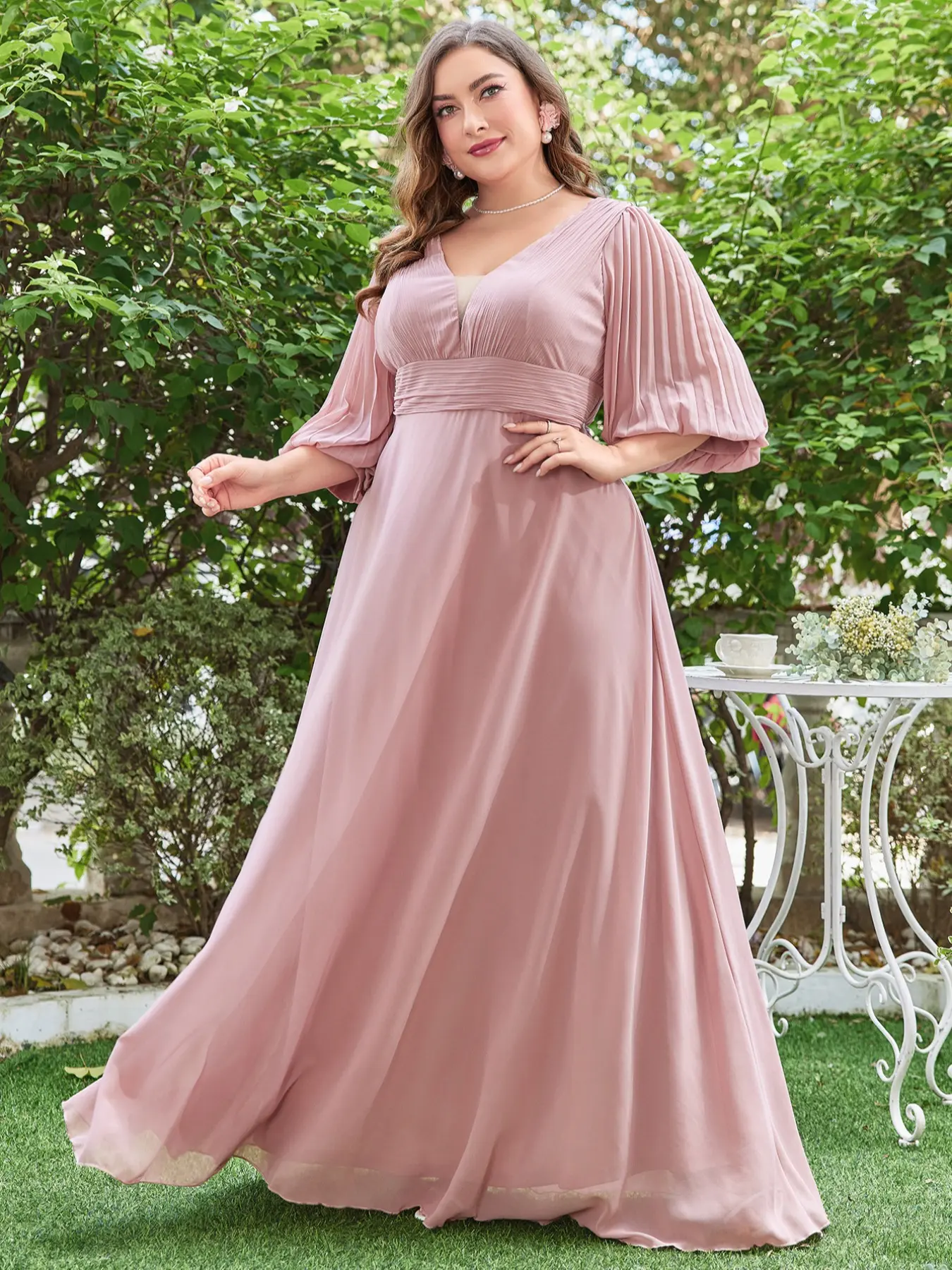 Deep V Lantern Sleeve Pleated Waist Pure Color Chiffon A-Line Bridesmaid Dress, Elegant Long Sleeve Party Gown for Women