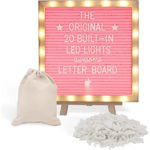 Letter Board THE  Pink Felt Board with Stand, Built-in LED Lights 10 x 10 -Menu Board +  Frame, 340 Letters, Emojis + Cursive words - Custom Sign Messages,  Announcement, Weddings