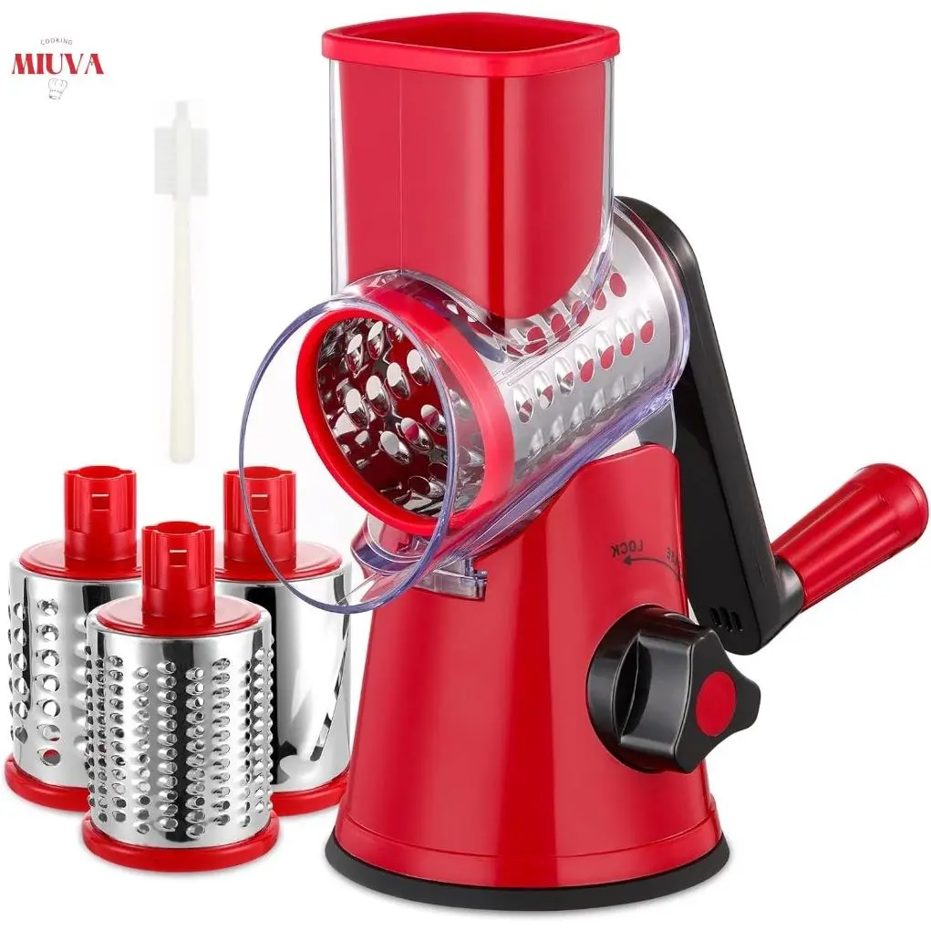 Kitchen Rotary Cheese Grater with Handle - 3 in 1 Cheese Shredder Rotary Grater Stainless Steel Handheld, Vegetable Slicer for Fruit, Cheese, Nuts
