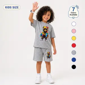 Children's Street Style Teddy Bear Print Short-Sleeve T-Shirt And Shorts Set, Casual Summer Two-Piece Outfit With Crew Neck Top And Elastic Waist Shorts For Daily Wear And Outdoor Play