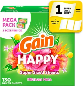Gain Happy Super Sized Dryer Sheets Laundry Fabric Softener 130 Count Hibiscus Hula Scent 3X Freshness & Static Fighters Mega Pack