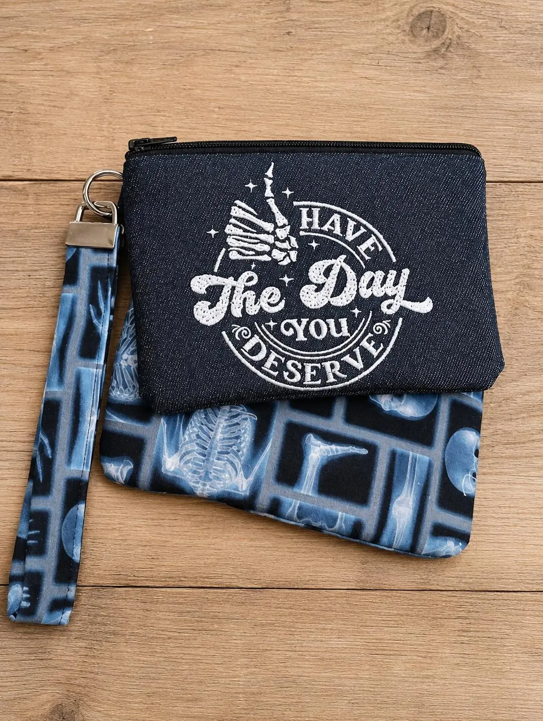 Have the Day You Deserve Pouch | Witchy Coin Purse | Funny Goth Gift | Snarky Makeup Bag | Dark Humor | Skeleton Hand | Denim Wristlet