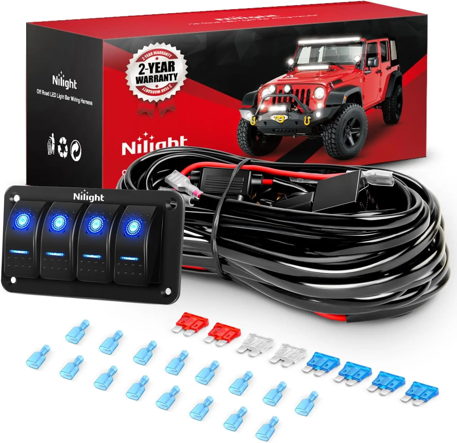 Nilight 12V LED Lighting Wiring Harness Kit - 16AWG/14AWG/12AWG Wires, 4-Gang Switch Panel, Power Relay, Blade Fuse, 5-Pin Toggle Switches, 8 Leads, IP67 Waterproof, Blue On/Off Glow, 50000+ Hr Lifespan for Cars & Boats, Motorcycles, Yachts, Campers