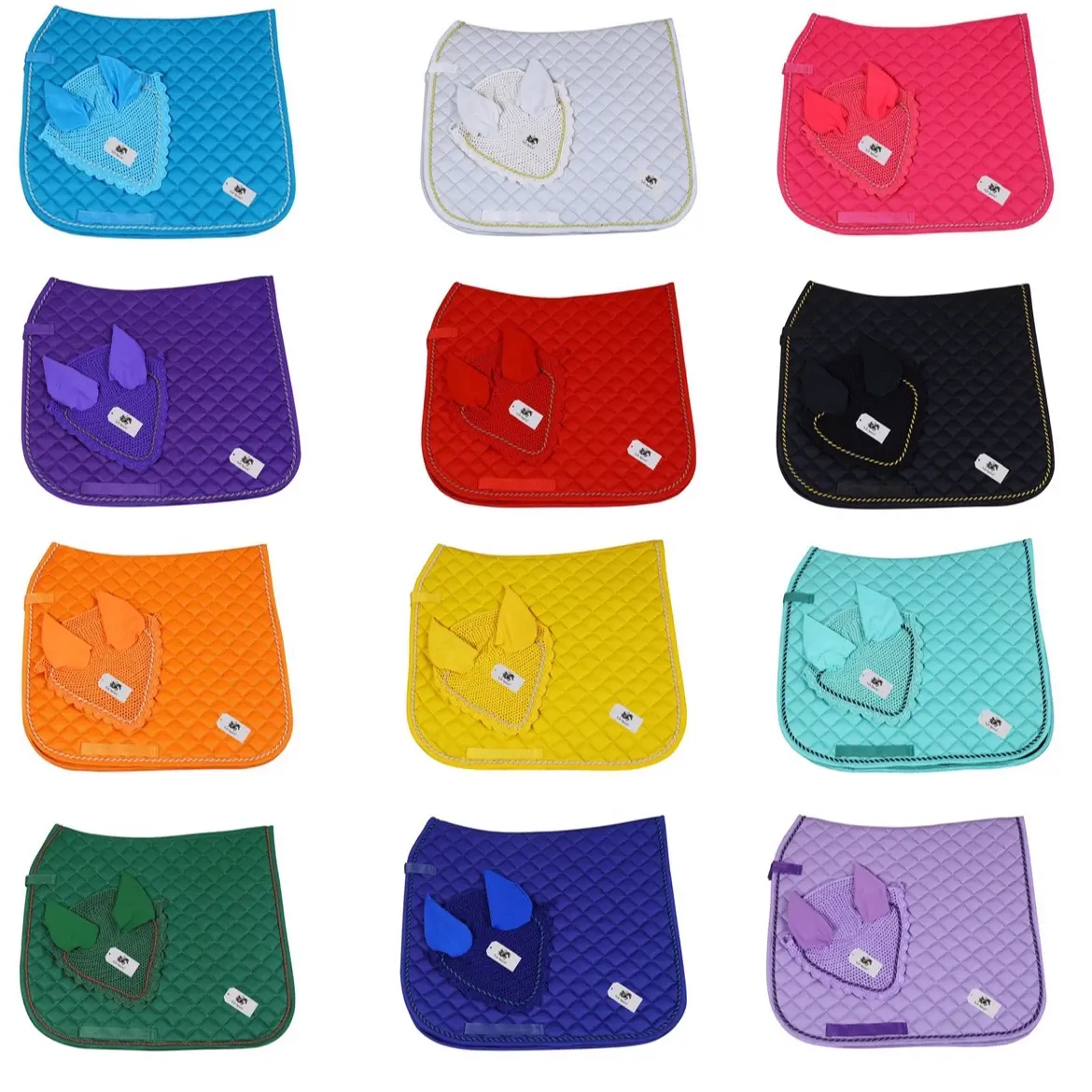 Horse Dressage English Saddle Pad with Matching Fly Bonnet Ear Net Fly Veil Mask