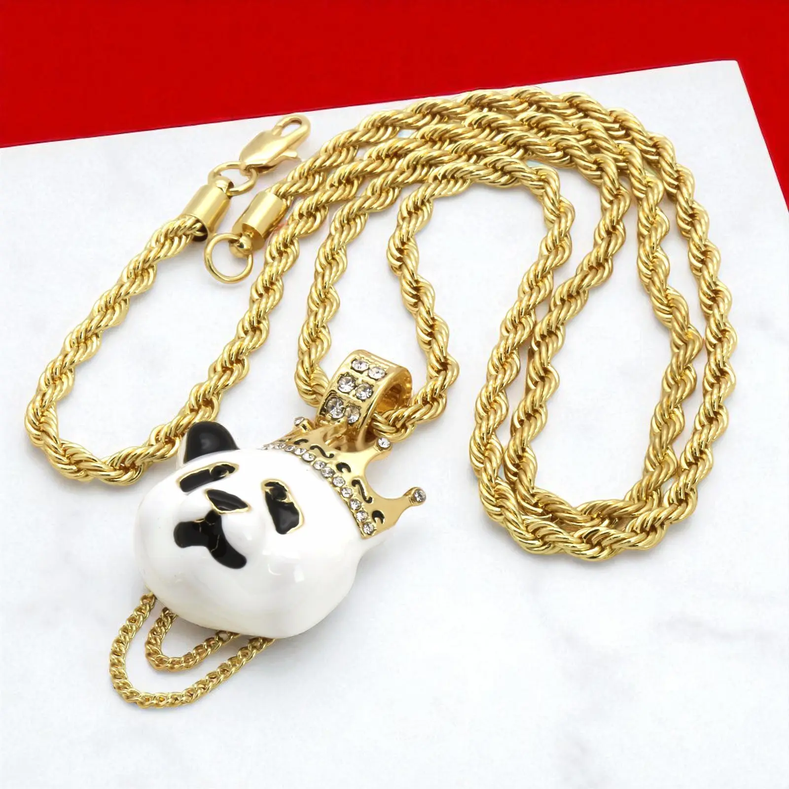 MaxBling81 Unisex Alloy Metal Iced King Crown Lucky Panda Pendant Necklace, 24" Rope & Link Chain, Hip Hop Style Costume Fashion Jewelry Accessory, Chain Jewelry Necklaces, Hip Hop Style Necklace