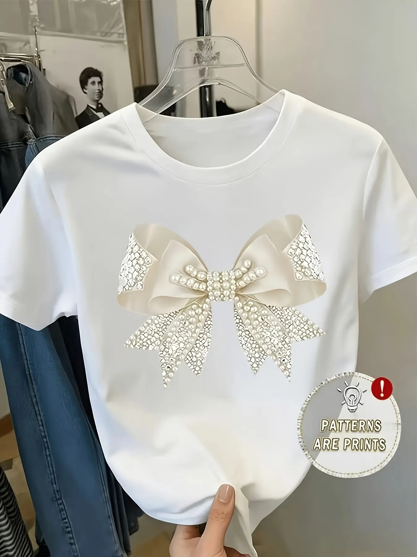 Women's Sparkling Pearl  Rhinestone Large Bow T-Sh unisex soft cotton short sleeve t shirt, vintage graphic casual tee for men women teens, perfect birthday holiday gift for camping travel gym daily street  wear