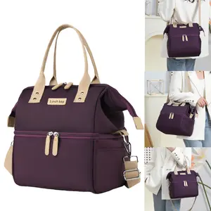 Trendy Large Opening Picnic Cooler Bag, Portable Double Deck Storage with Zipper, Reusable Outdoor Handheld & Crossbody Tote for Travel & Camping