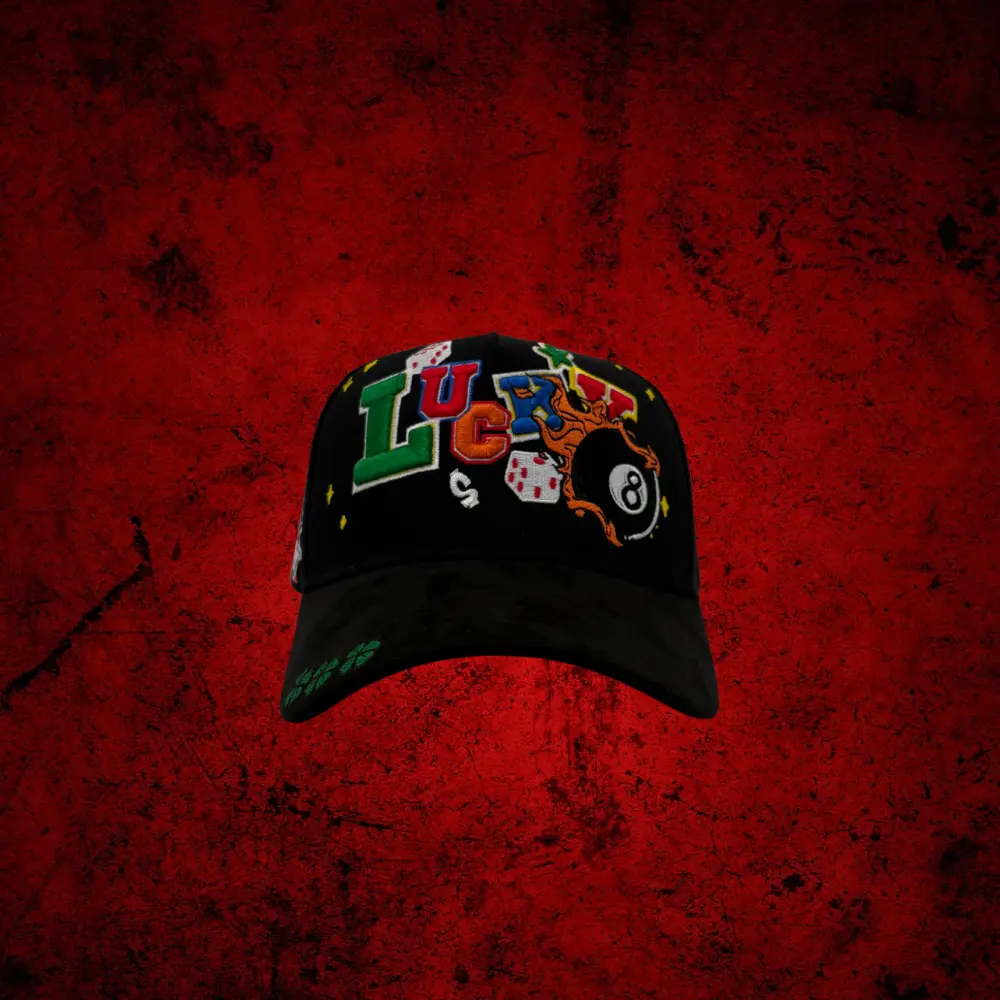 Lucky Belico Mens Structured Fit Snapback Baseball Cap - 8 Ball Design, Black Rhinestone Accents with Rhinestones