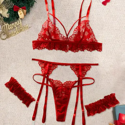 Christmas Midnight Floral Sheer Lace Lingerie Set, Lingerie Outfits, Adjustable Bra, Thigh Straps & Garters, Comfortable Women's Underwear, Body Envy Sets, Perfect Gift, Elegant