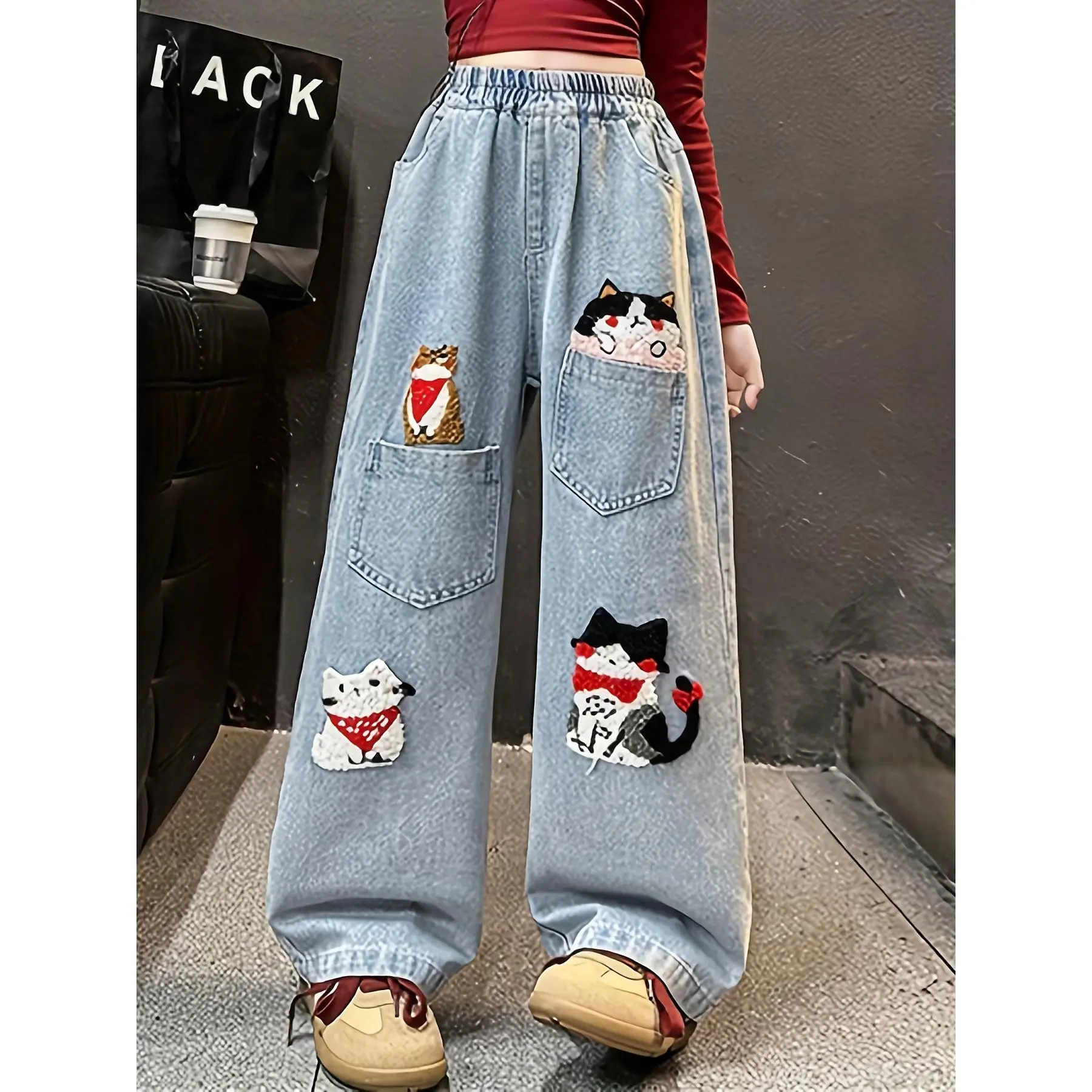 Girls' Cartoon Animal Graphic Embroidered Elastic Waist Straight-Leg Loose Fit Denim Jeans, Light Blue Casual Pants for 9-10y,11-12y,13-14y - Dance, School, Outdoor Play - Comfortable Spring Summer Fall Bottoms, Basic