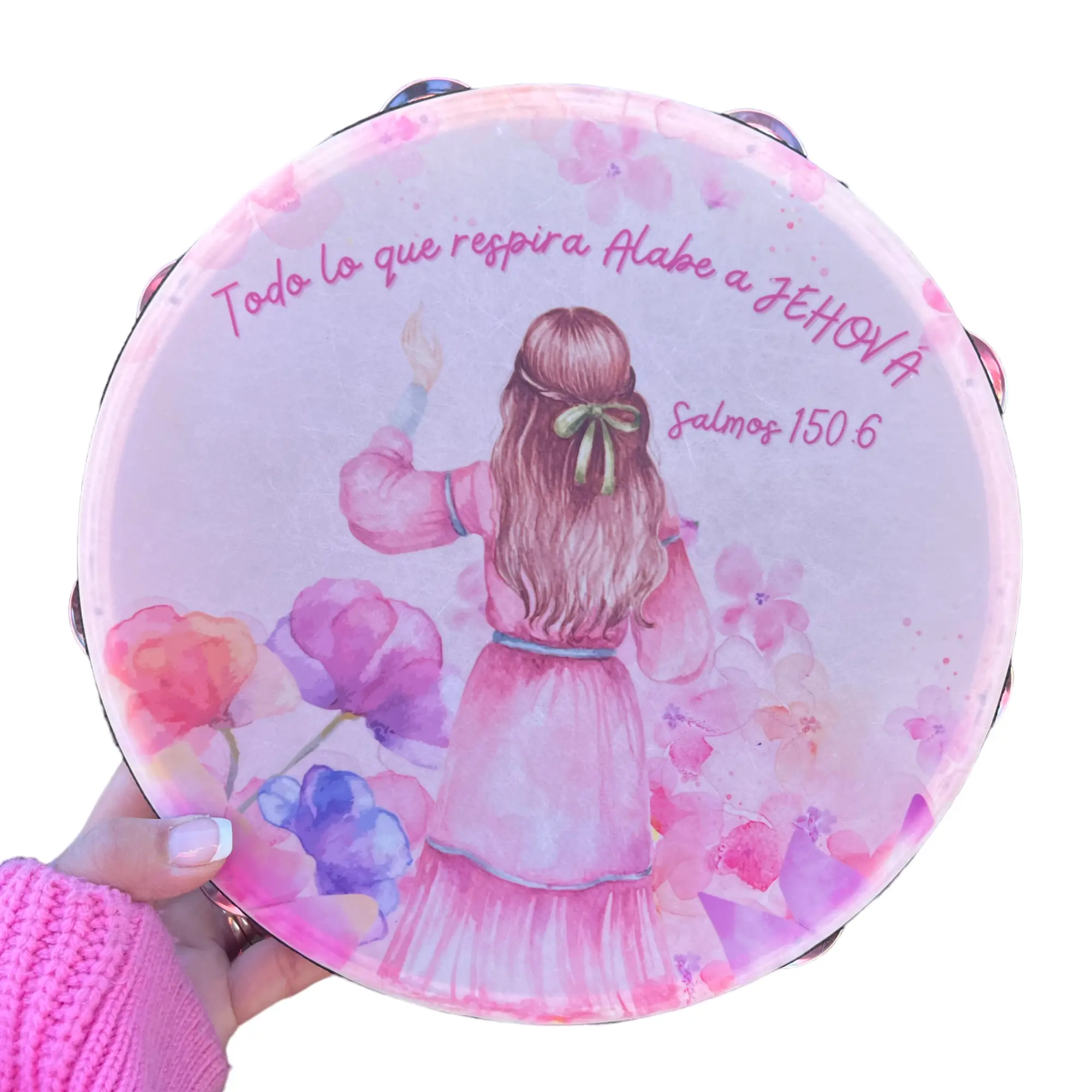 Personalized Hand Tambourine (Psalms 150:6) - Premium Wood Percussion Instrument with Synthetic Leather Non-Slip Grip, Metal Cymbals for Metal Cymbal Sound