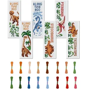 Dinosaur Theme Cross Stitch Bookmark, 6 Counts/set DIY Art Set, Including 6 Counts Printed Cross Stitch Fabric, Thread, Random Color Tools