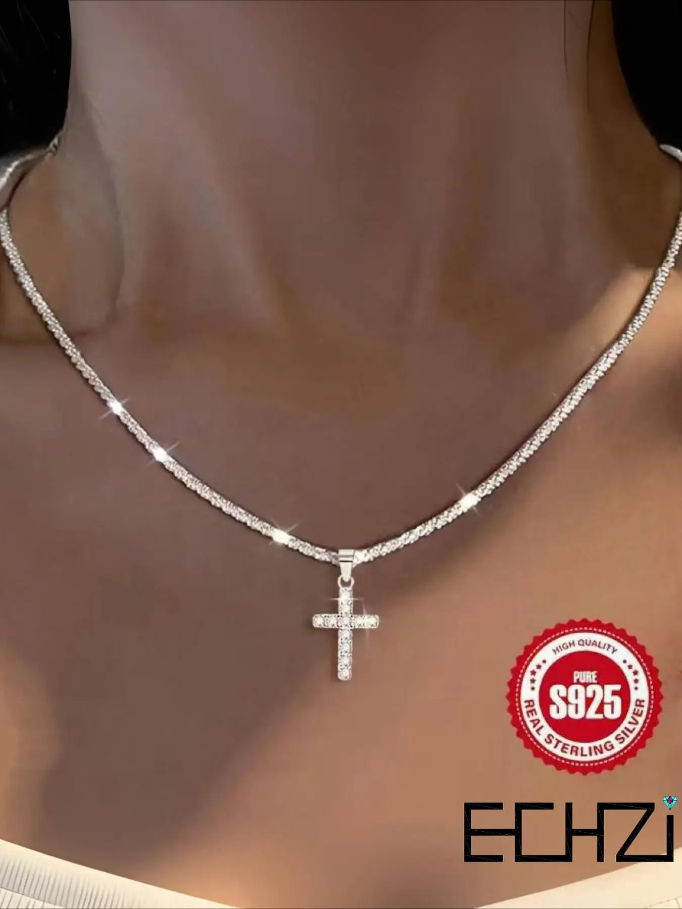 925 Sterling Silver Women's Elegant Cross Pendant Necklace, Fashion Rhinestone Decor Tennis Chain Necklace for Party, Daily Clothing Decor, Trendy All