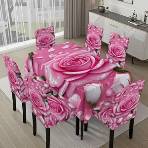5/7-piece 2D Flat Printing Pink and White Roses with Dewdrops Printing Pattern Tablecloth and Chair Cover Set, for dining table and chair decoration, perfect for home, holiday gatherings, restaurants, and parties.