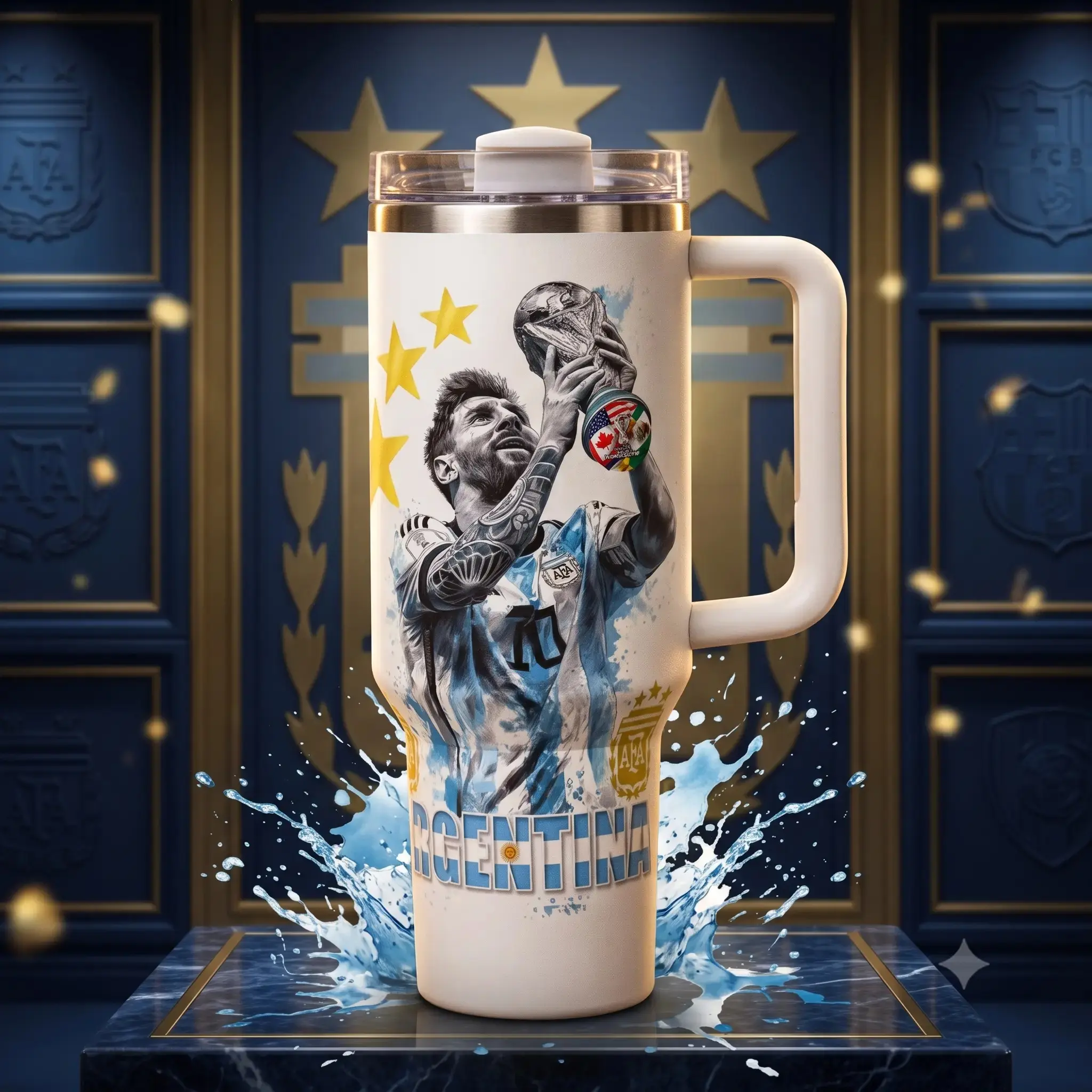 [MADE IN US] 1 Pc 40oz Stainless Steel Double Wall Insulated Tumbler With Handle, Leak Proof Lid Travel Thermal, Soccer Champion Print, Gift for Men and Women