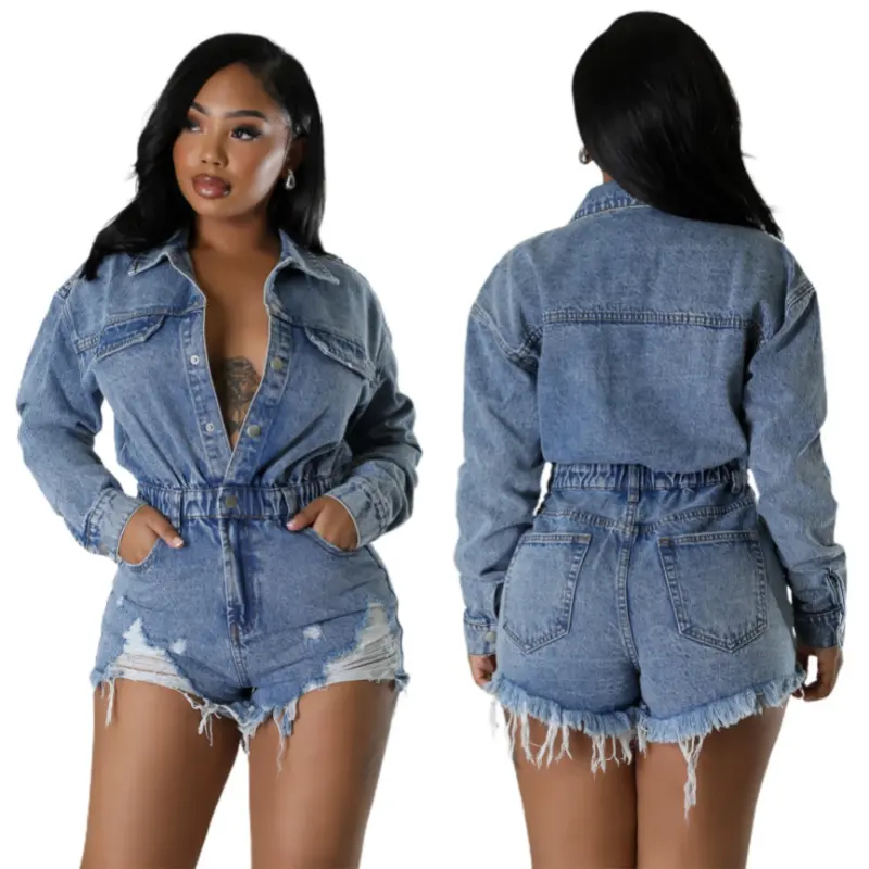 Women's Casual Fashion Jumpsuit, Loose Fit Ripped Motorcycle Denim with Tassel Hem and High Elasticity