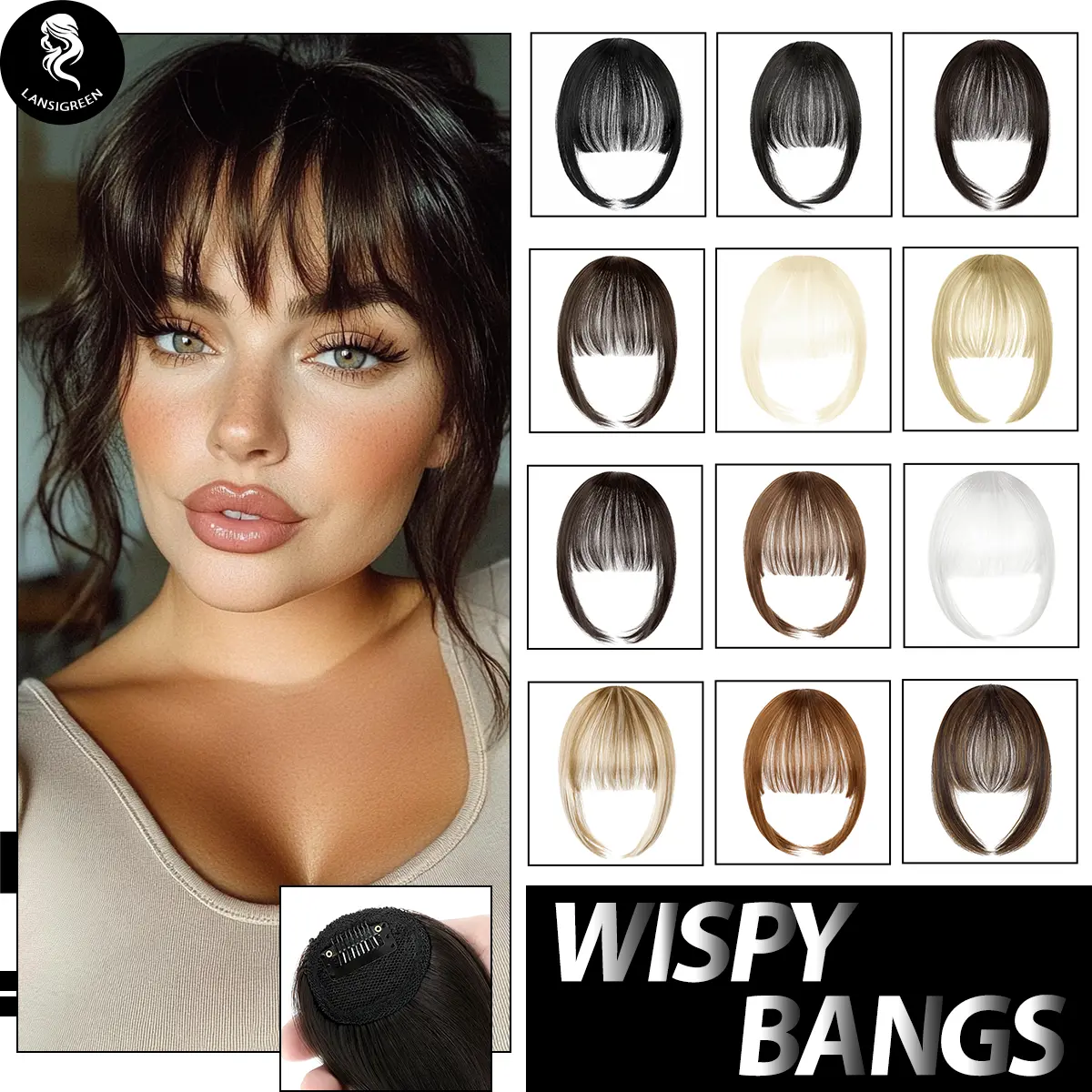 Lansigreen Clip in Bangs, Messy Loose Curly Synthetic Hair Extensions for Women with Temples, Wispy Fringe for a Natural Look, Extensions Hair