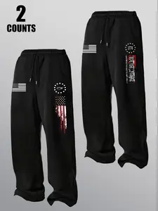 Men's Spring Autumn Classic Flag Print Casual Fitted Pants Set, Drawstring Waist Athleisure Straight Leg Long Trousers, Outdoor Sports Wear for Men