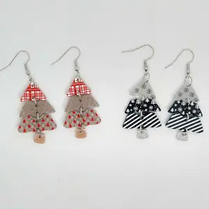#199 Red or Black Triple Layer Silver Glitter Christmas Tree Earrings- Stainless Steel Hooks- Casual Christmas Jewelry