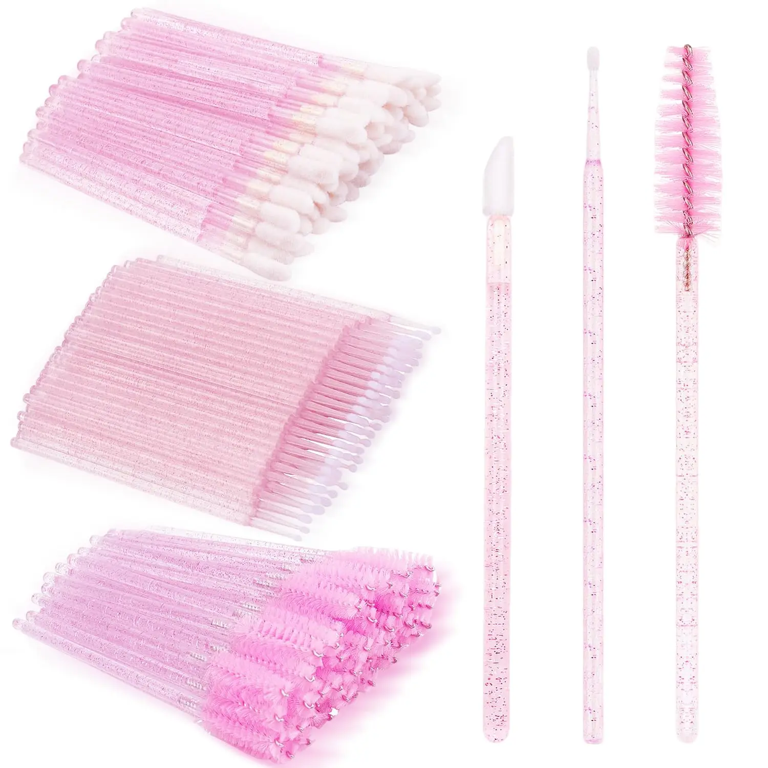200PCS Eyelash Extension Kit with Lash Spoolies Disposable Mascara Wands Lip Brushes Micro Swab Applicators & Eyebrow Brushes Lash Extension Supplies for Lash Tech Brow Lamination Crystal Pink