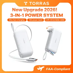 TORRAS EasyGO 3-in-1 Portable Charger with Retractable USB-C Cable & Wall Plug, 10000mAh Power Bank, 35W Fast Charging Travel Essentials for iPhone 17/16 Pro Max, Samsung, iPad, MacBook Air fathersdaygift
